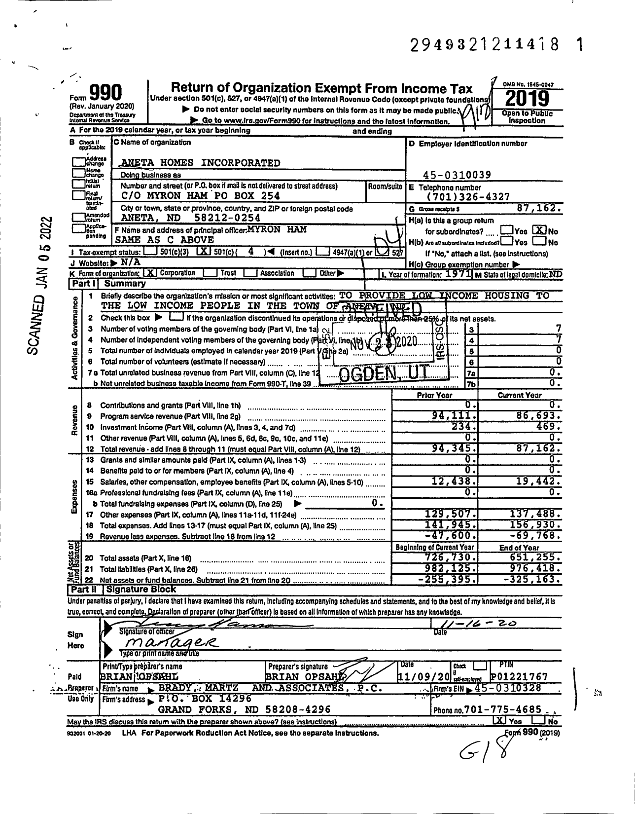 Image of first page of 2019 Form 990O for Aneta Homes Incorporated