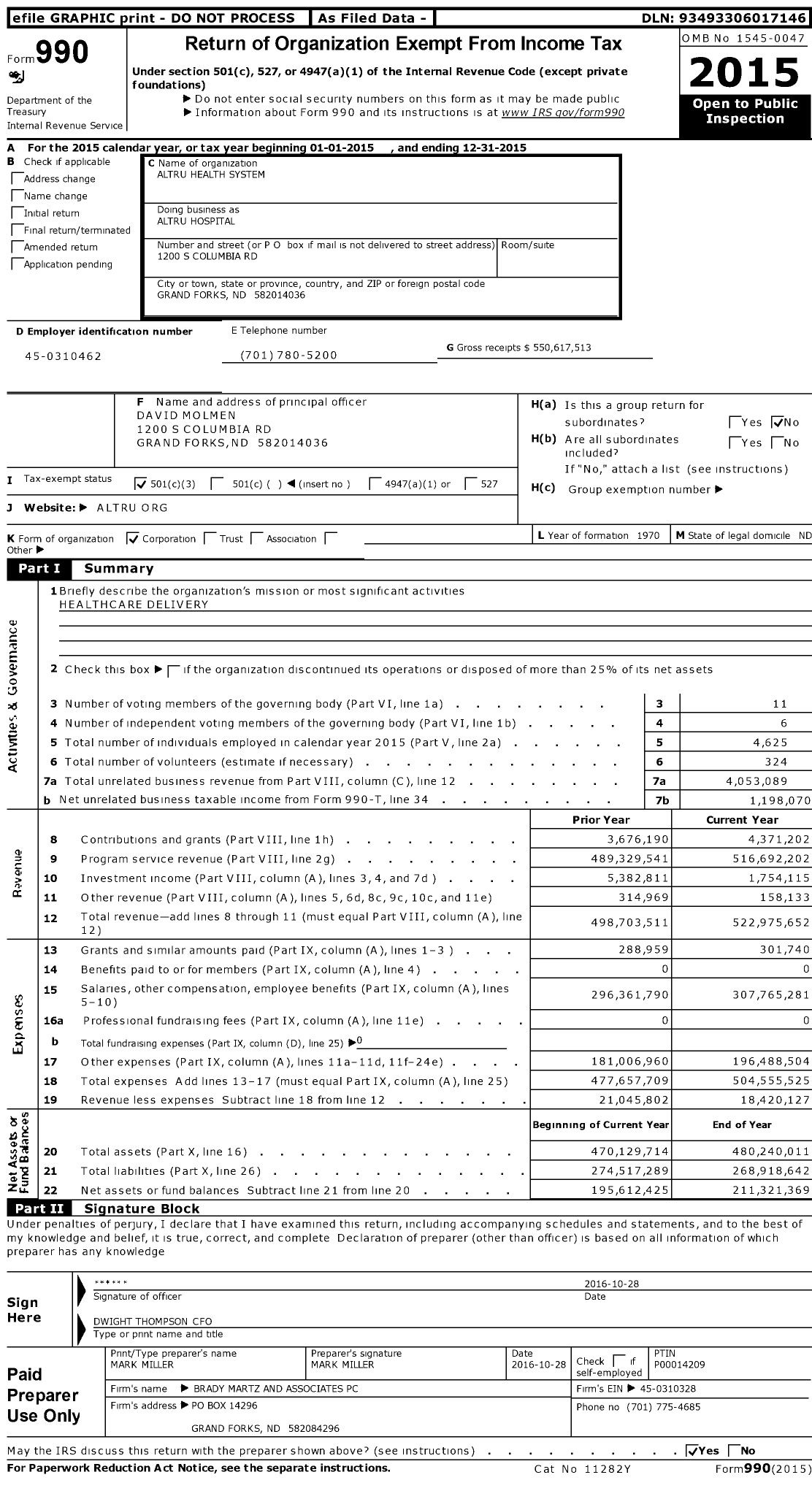 Image of first page of 2015 Form 990 for Altru Health System