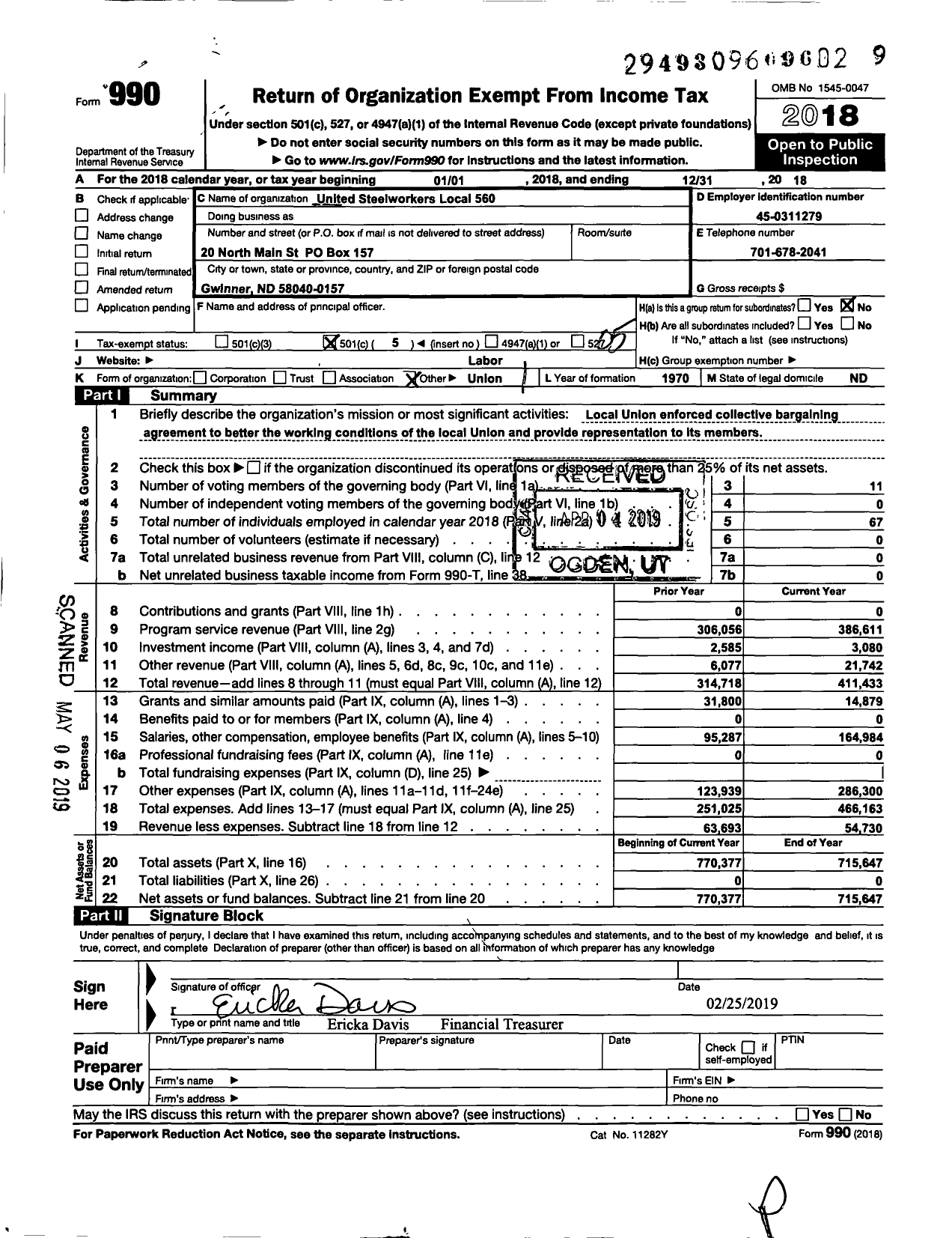 Image of first page of 2018 Form 990O for United Steelworkers - Labor Organization