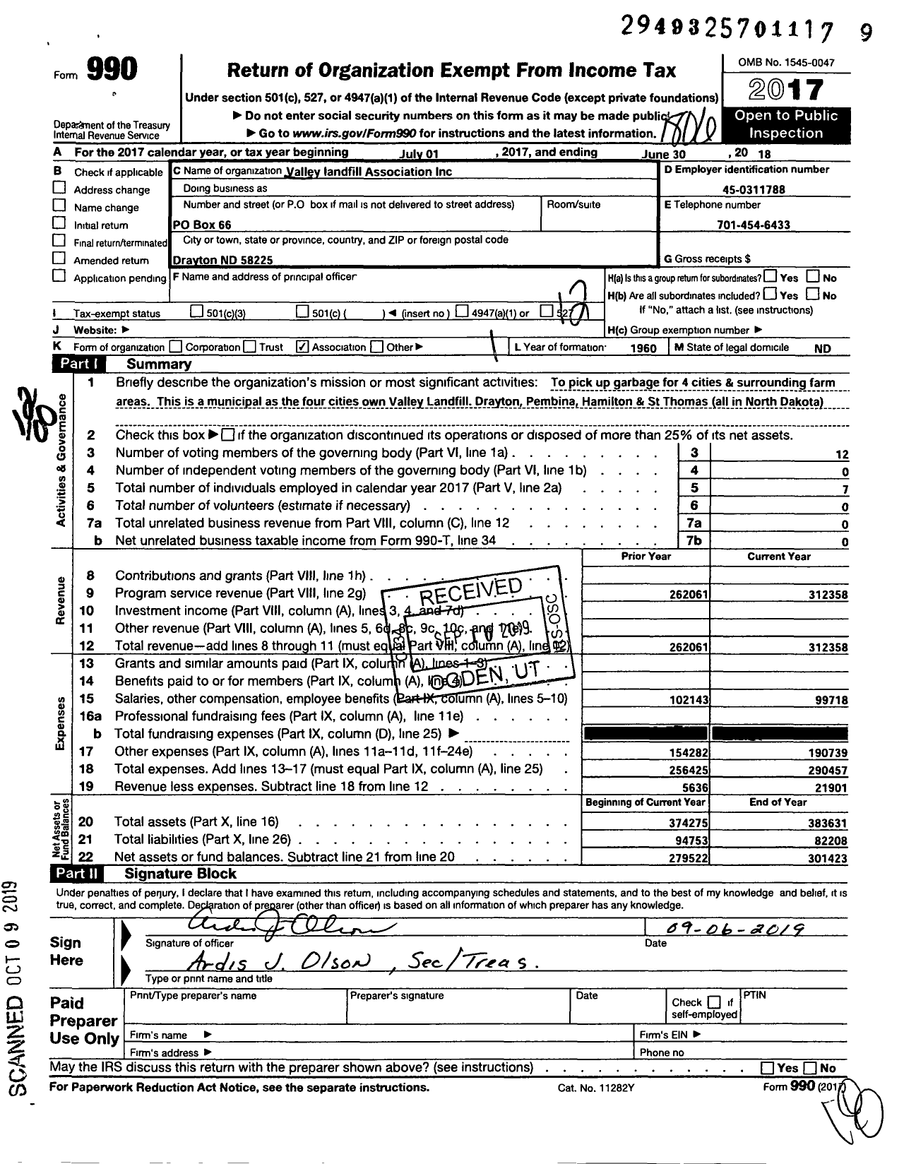 Image of first page of 2017 Form 990O for Valley Landfill Association
