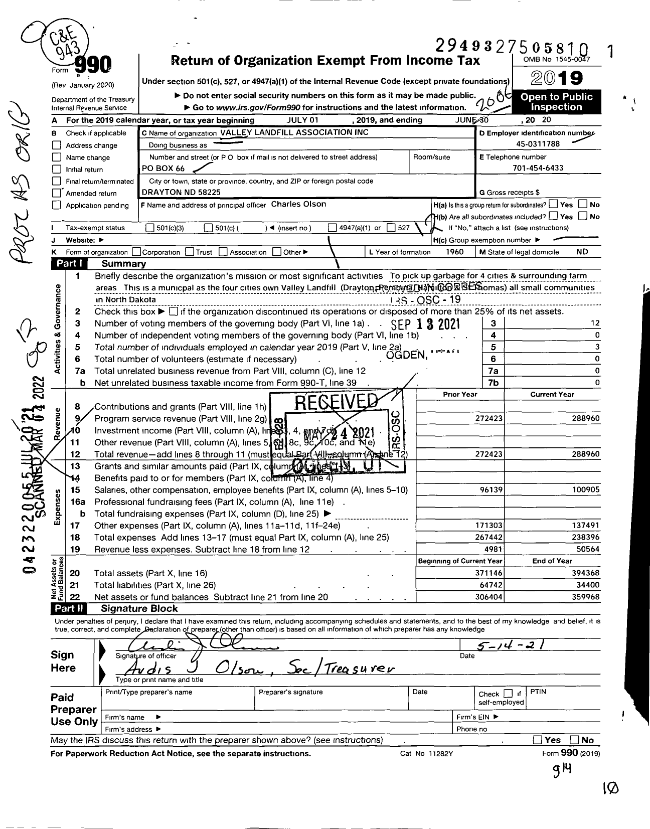 Image of first page of 2019 Form 990O for Valley Landfill Association