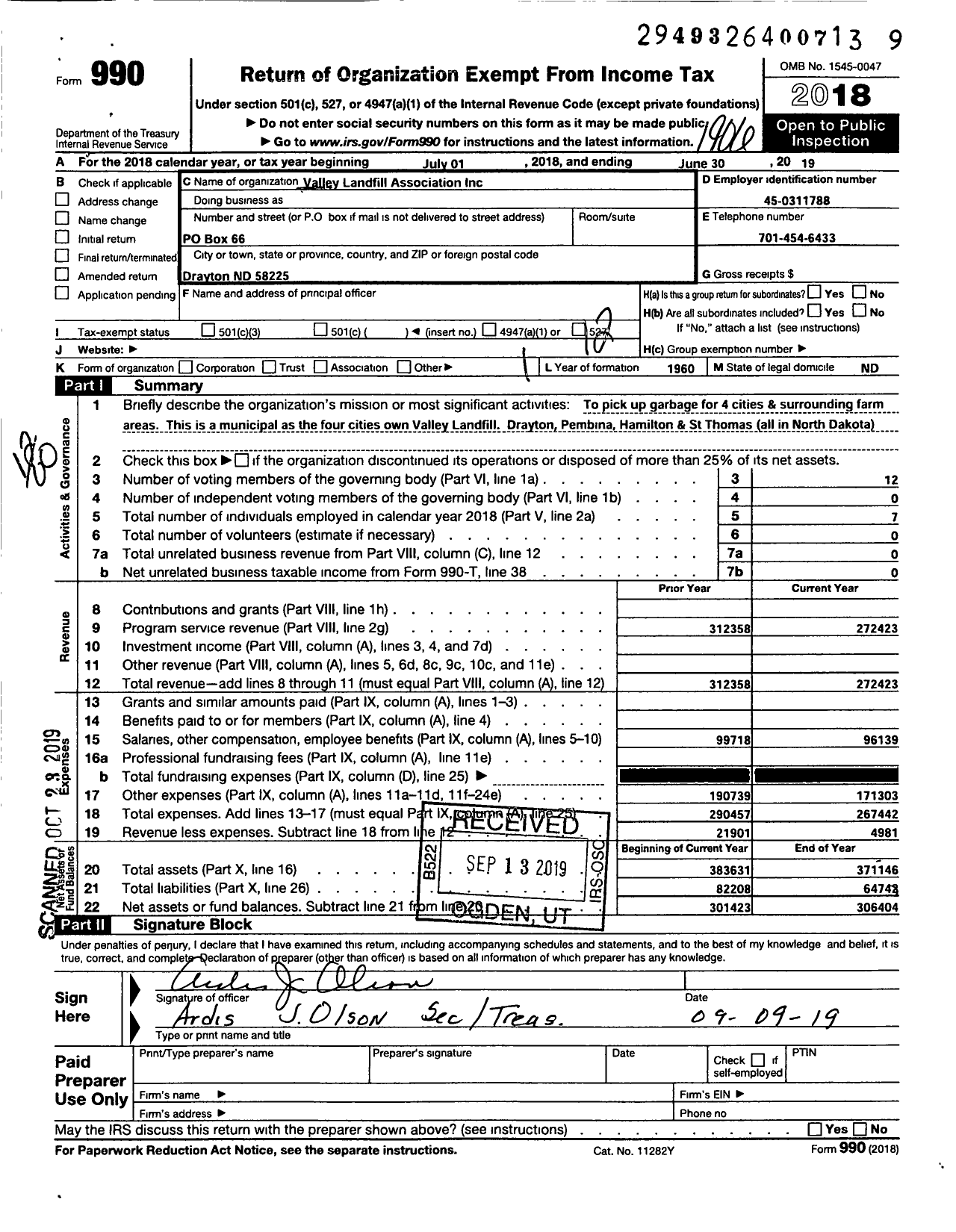 Image of first page of 2018 Form 990O for Valley Landfill Association