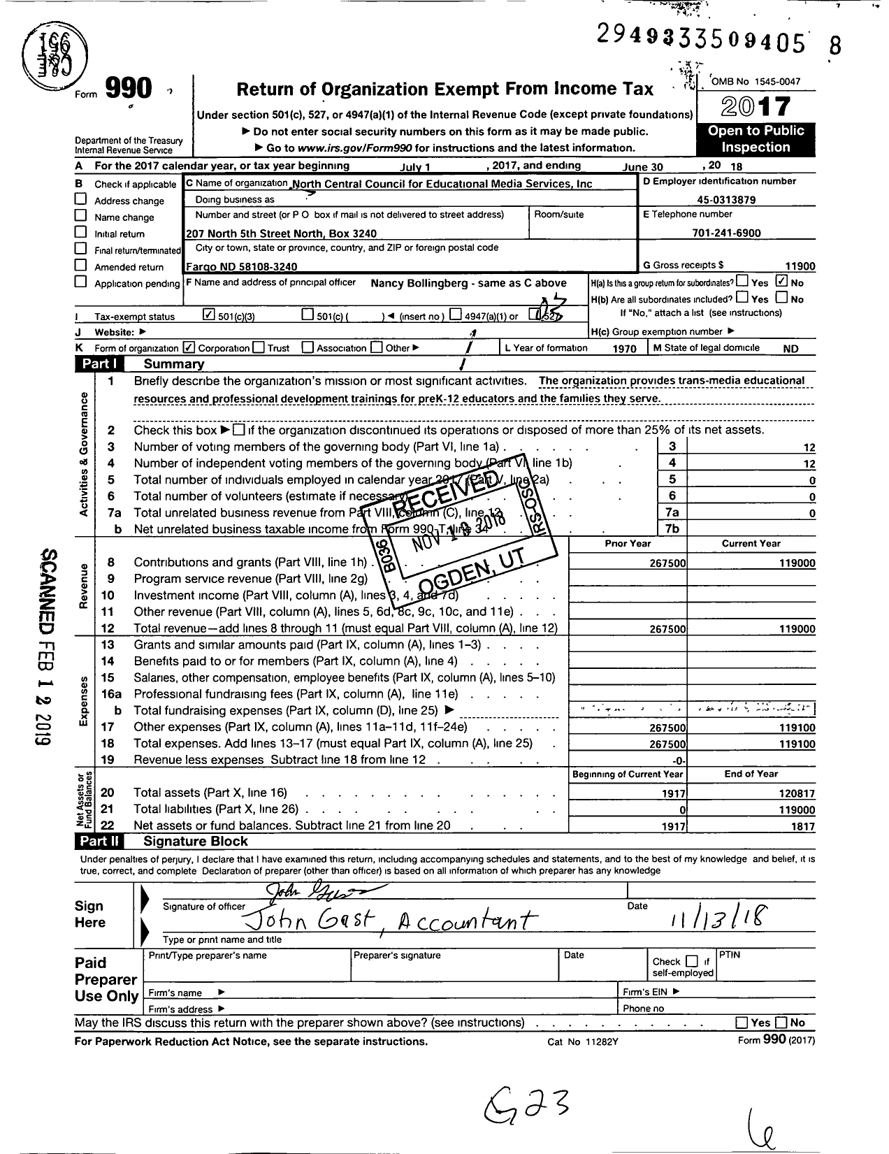 Image of first page of 2017 Form 990 for North Central Council for Educational Media Services