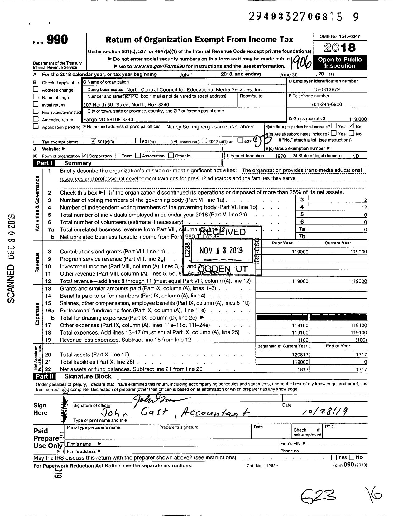 Image of first page of 2018 Form 990 for North Central Council for Educational Media Services