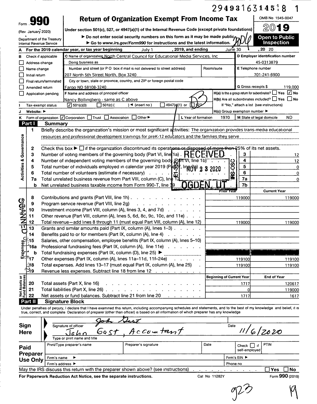 Image of first page of 2019 Form 990 for North Central Council for Educational Media Services