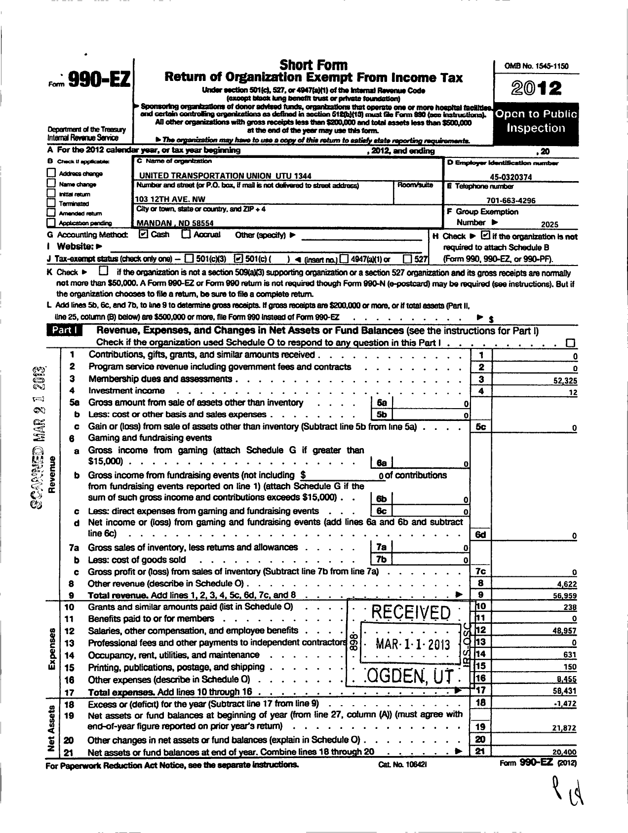 Image of first page of 2012 Form 990EO for Smart Union - 1344 TD