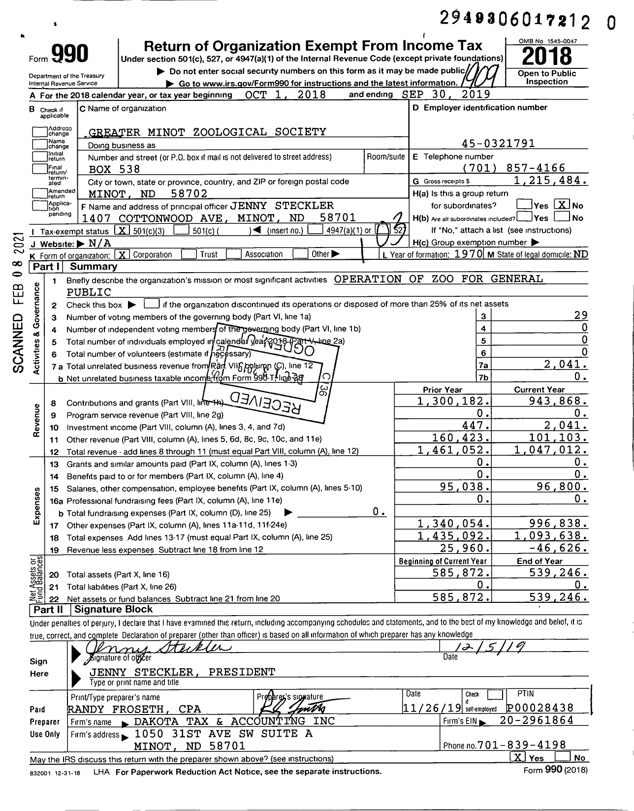 Image of first page of 2018 Form 990 for Greater Minot Zoological Society