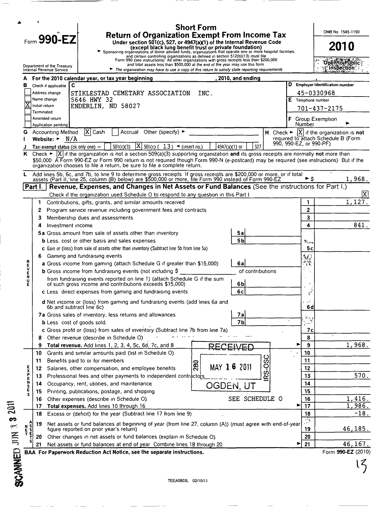 Image of first page of 2010 Form 990EO for Stiklestad Cemetery Association