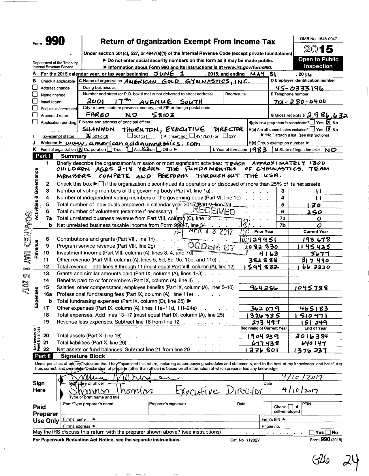 Image of first page of 2015 Form 990 for American Gold Gymnastics