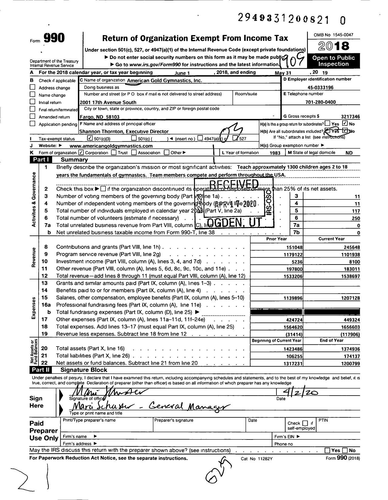 Image of first page of 2018 Form 990 for American Gold Gymnastics