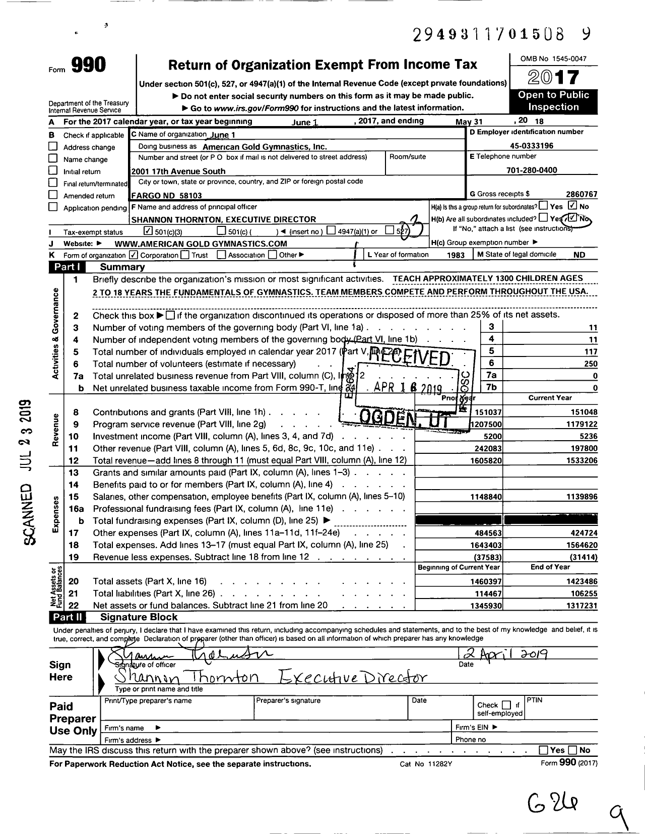 Image of first page of 2017 Form 990 for American Gold Gymnastics