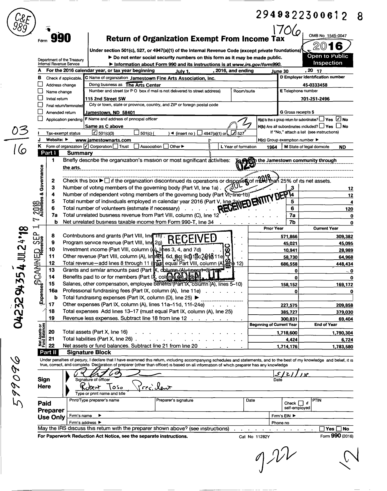 Image of first page of 2016 Form 990 for The Arts Center