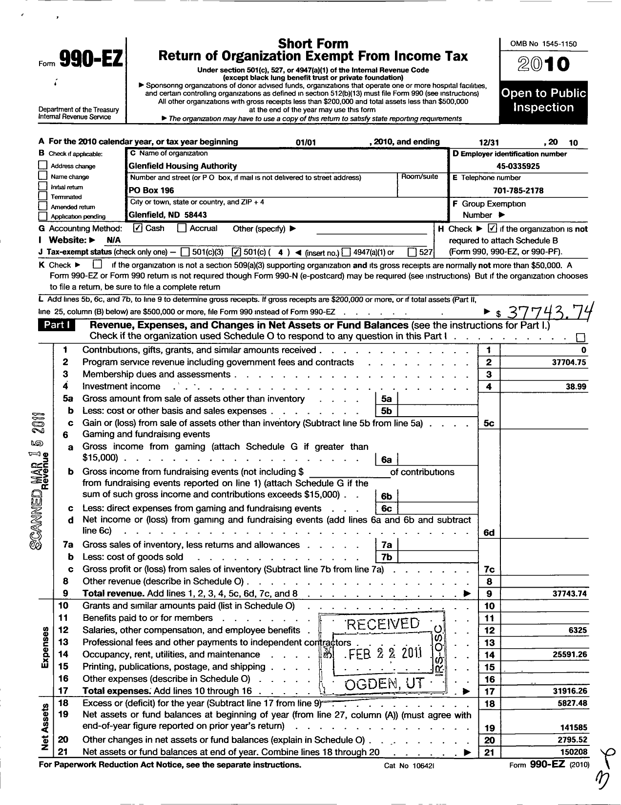 Image of first page of 2010 Form 990EO for Glenfield Housing Authority