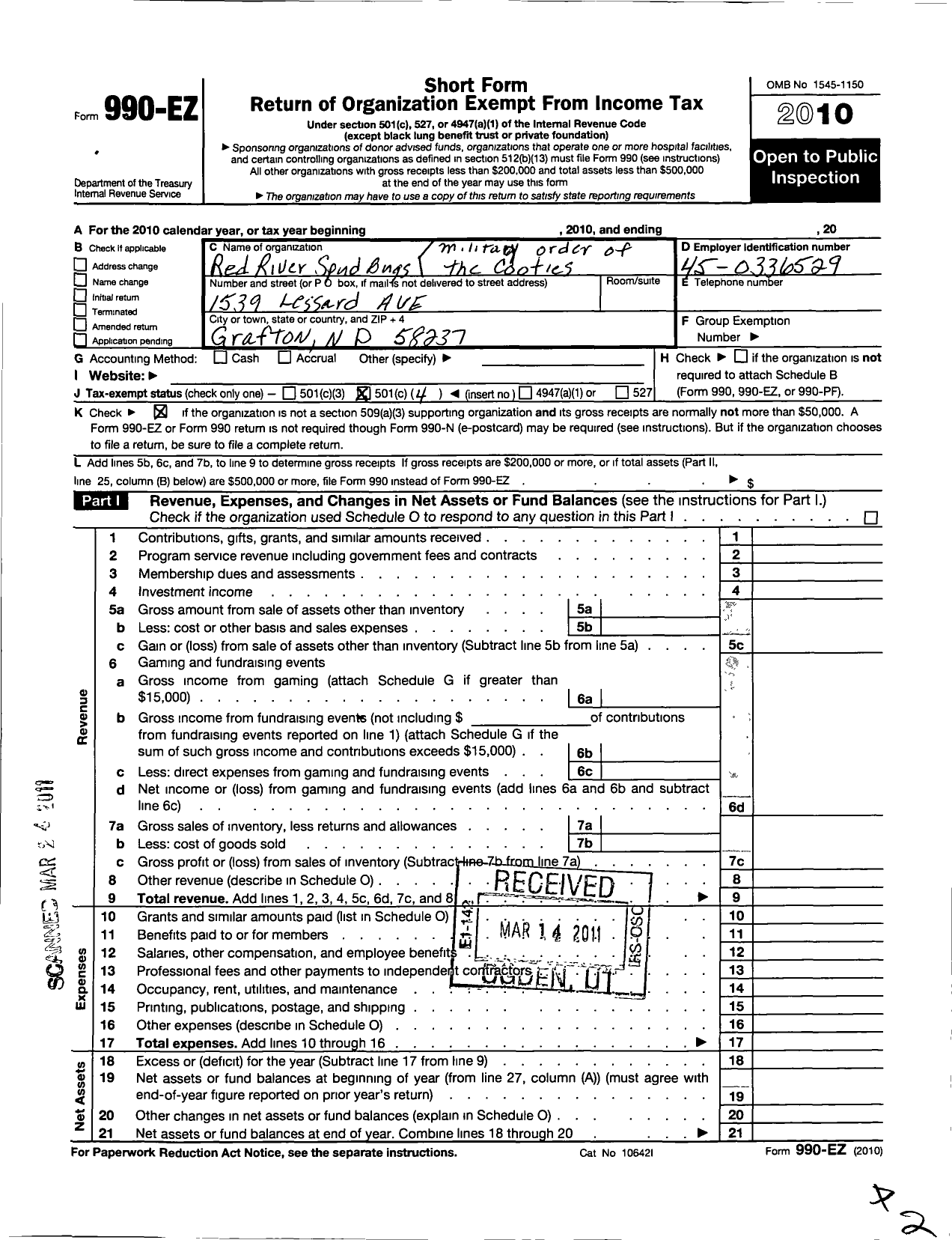 Image of first page of 2010 Form 990EO for Military Order of the Cootie of the Us - 10 Red River Spud Bugs