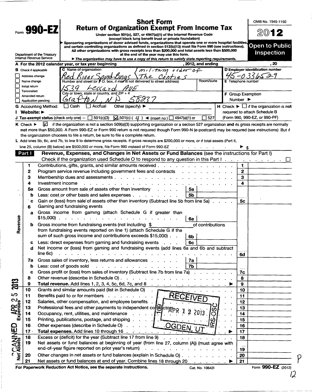 Image of first page of 2012 Form 990EO for Military Order of the Cootie of the Us - 10 Red River Spud Bugs