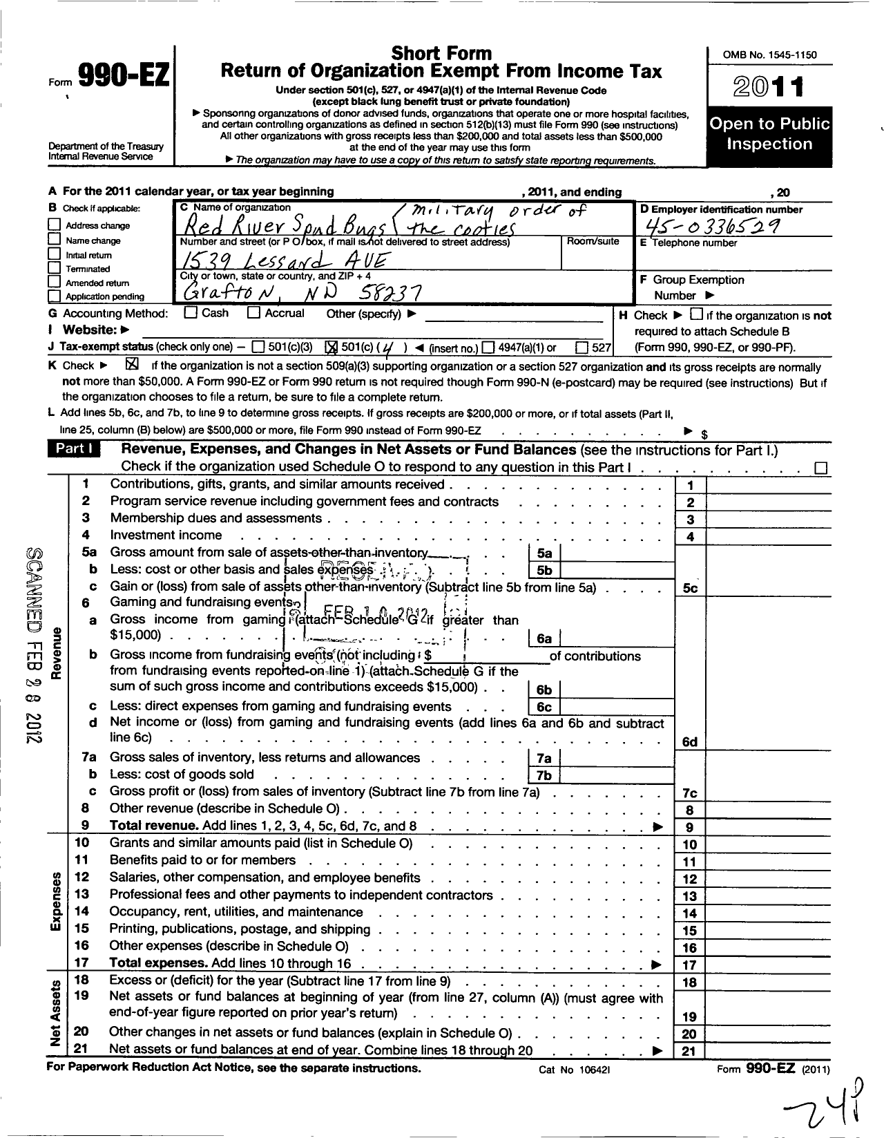 Image of first page of 2011 Form 990EO for Military Order of the Cootie of the Us - 10 Red River Spud Bugs