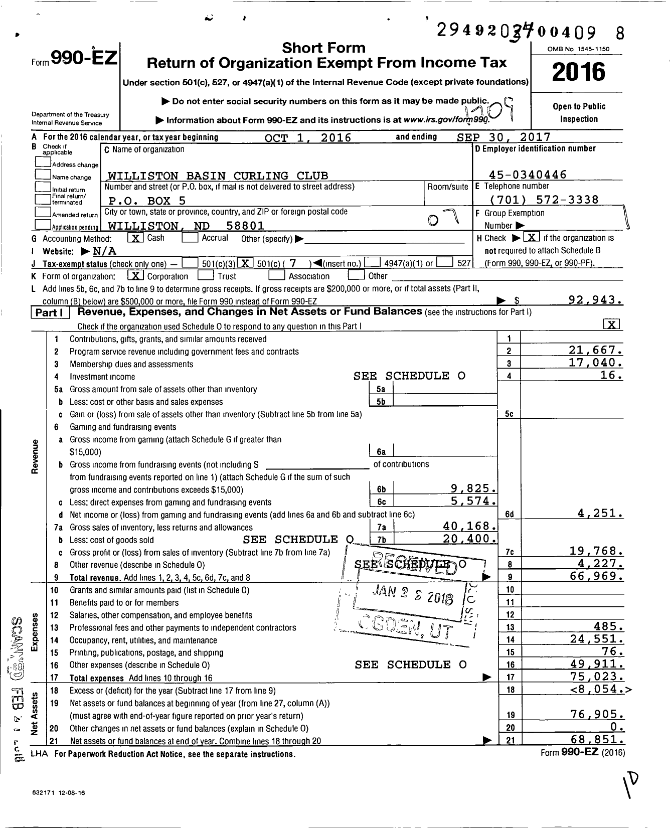 Image of first page of 2016 Form 990EO for Williston Basin Curling Club