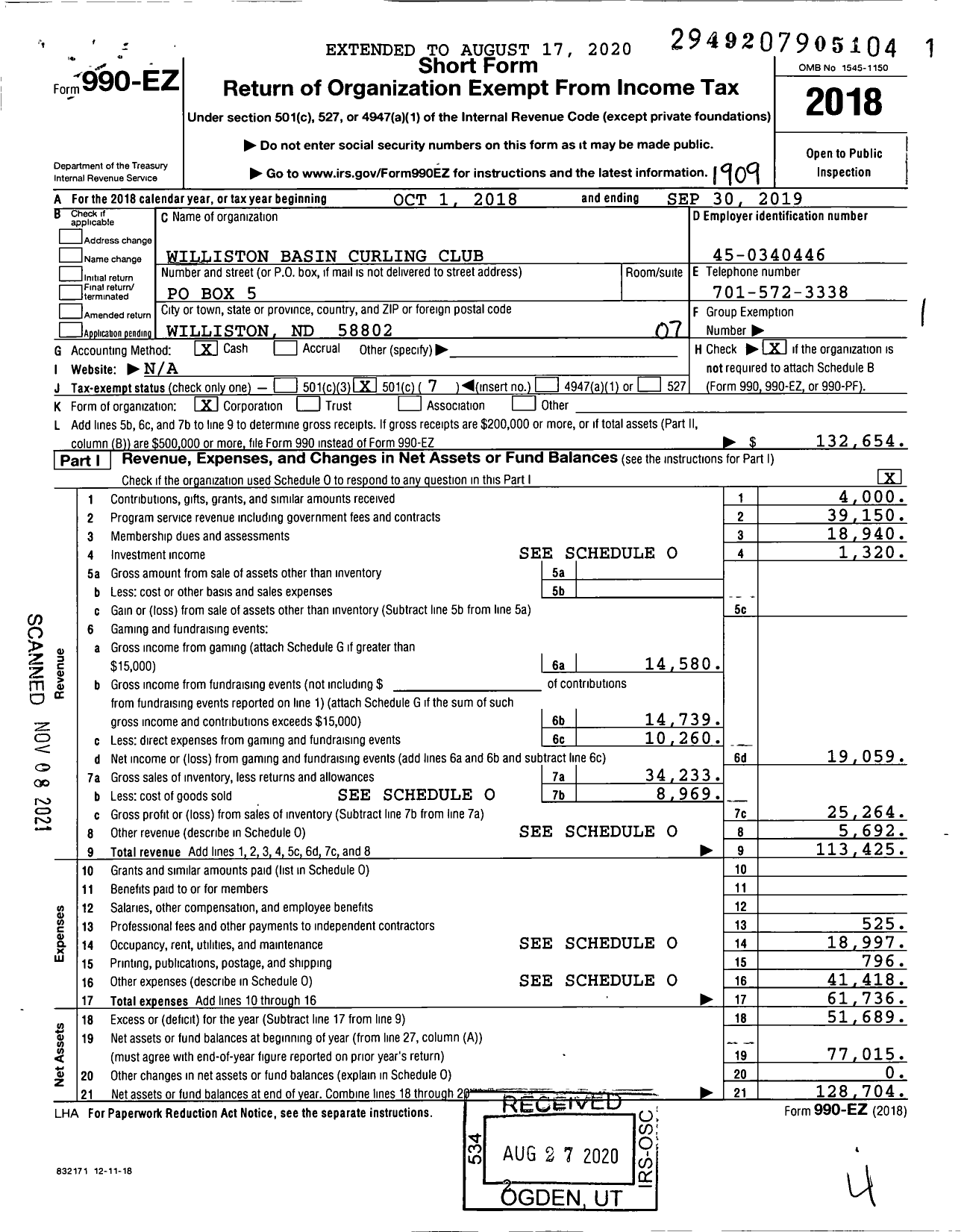 Image of first page of 2018 Form 990EO for Williston Basin Curling Club