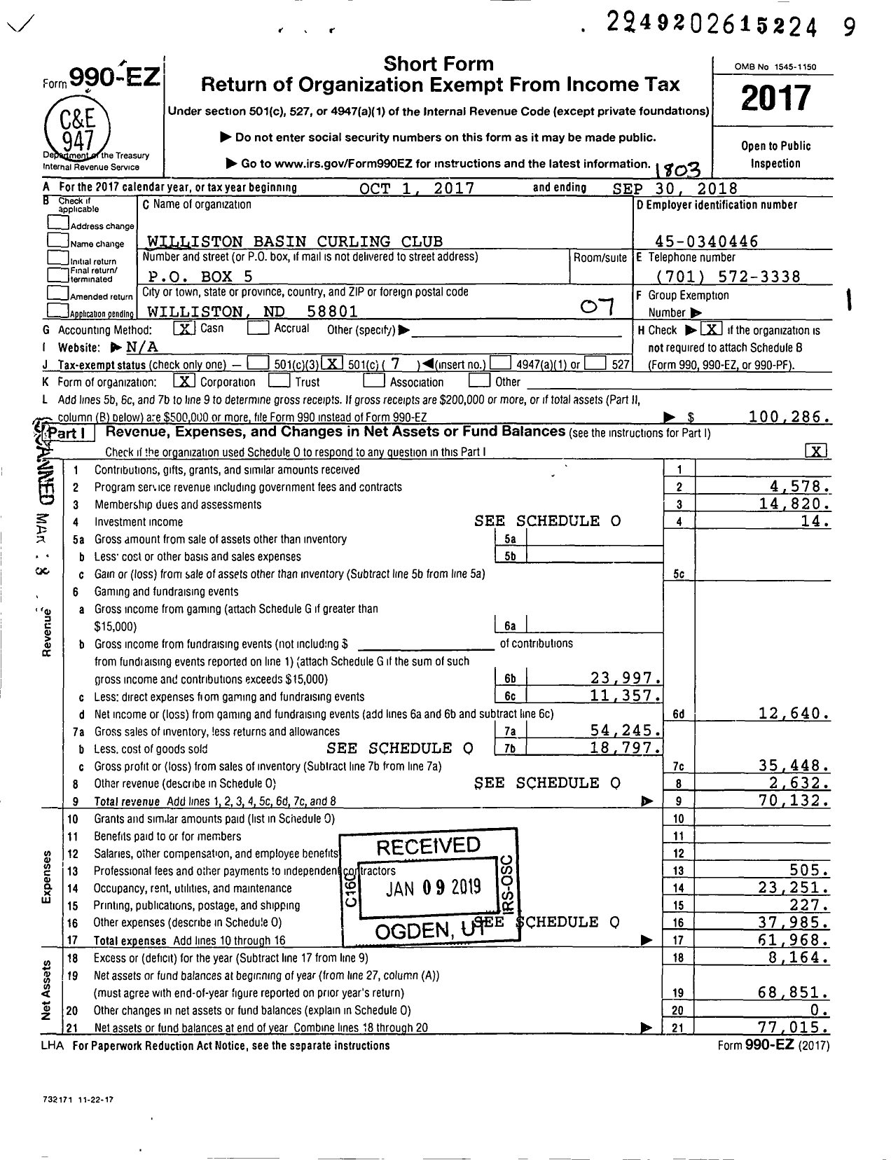 Image of first page of 2017 Form 990EO for Williston Basin Curling Club