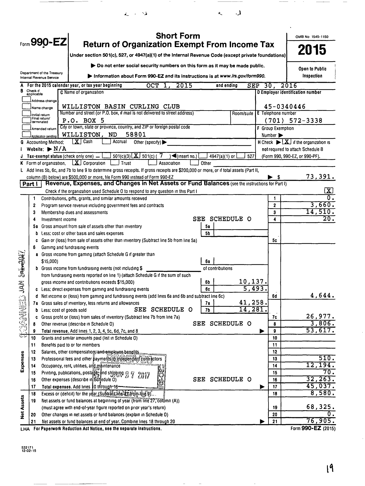 Image of first page of 2015 Form 990EO for Williston Basin Curling Club