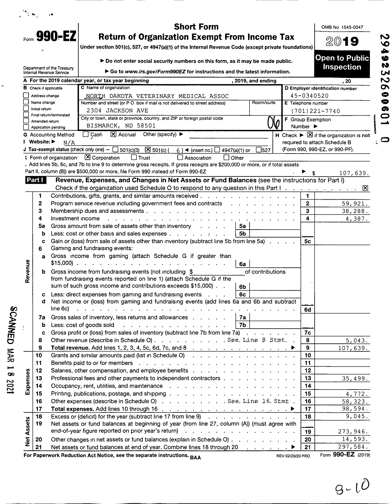 Image of first page of 2019 Form 990EO for North Dakota Veterinary Medical Association