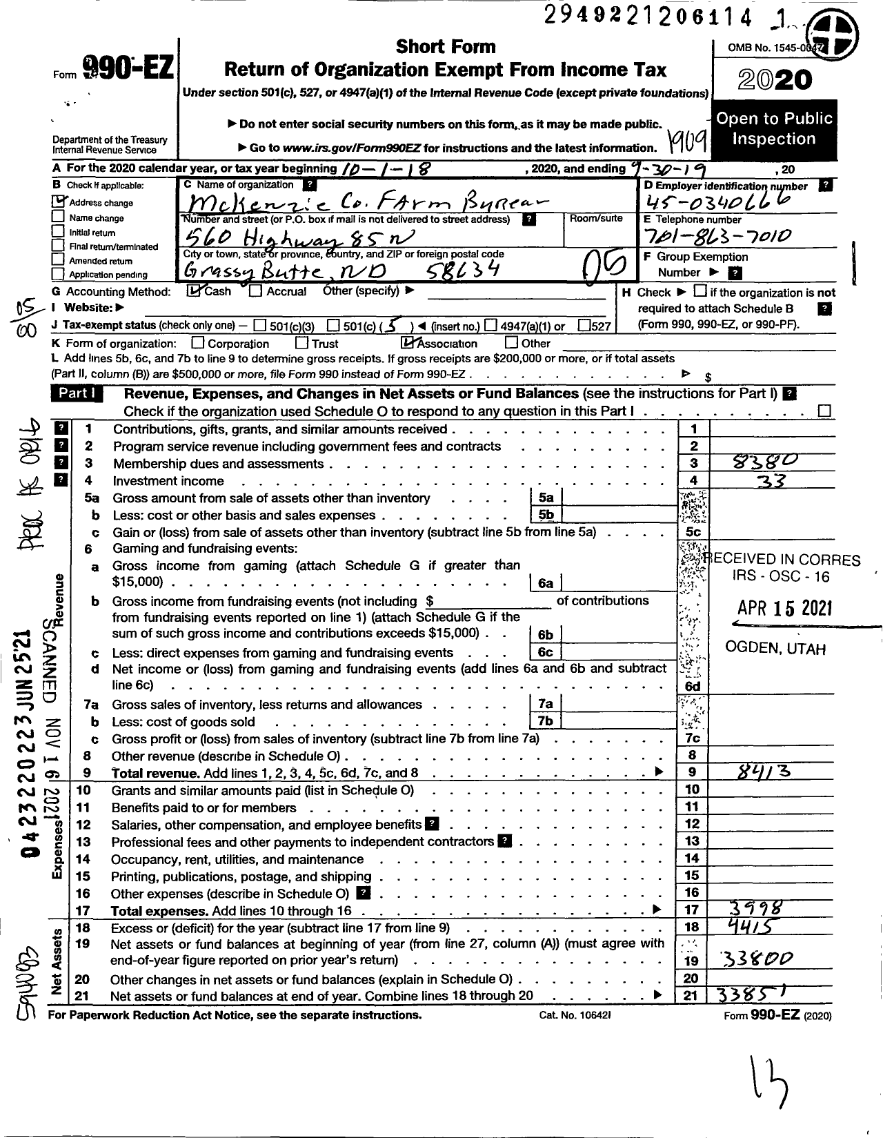 Image of first page of 2018 Form 990EO for Mckenzie County Farm Bureau