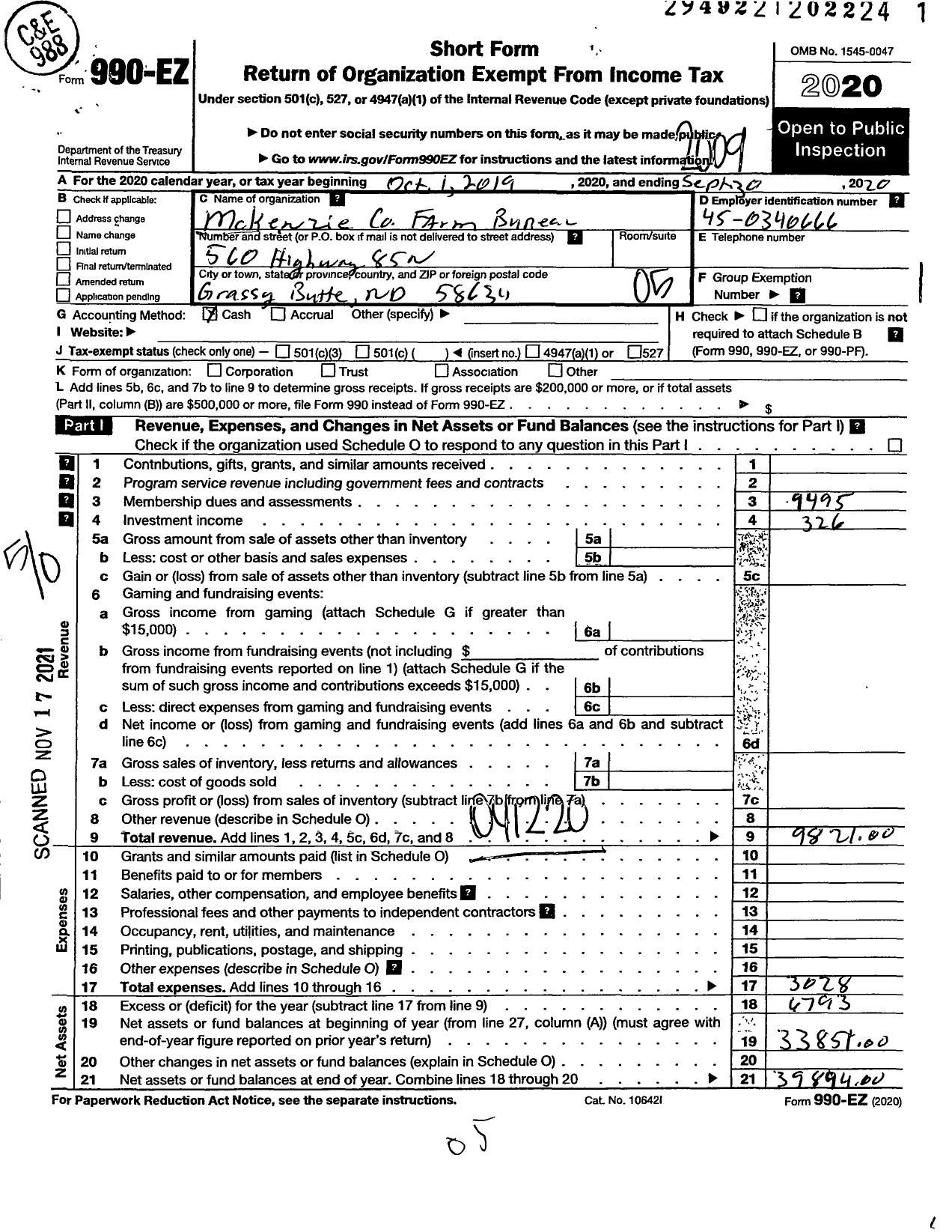 Image of first page of 2019 Form 990EO for Mckenzie County Farm Bureau