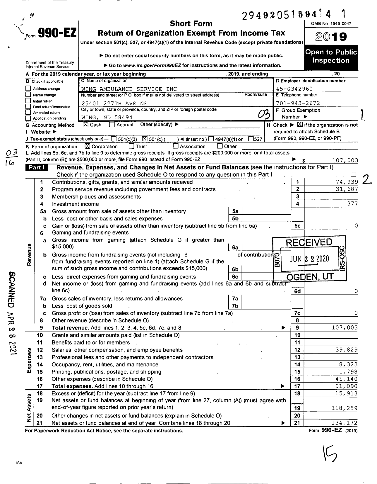 Image of first page of 2019 Form 990EZ for Wing Quick Response Unit