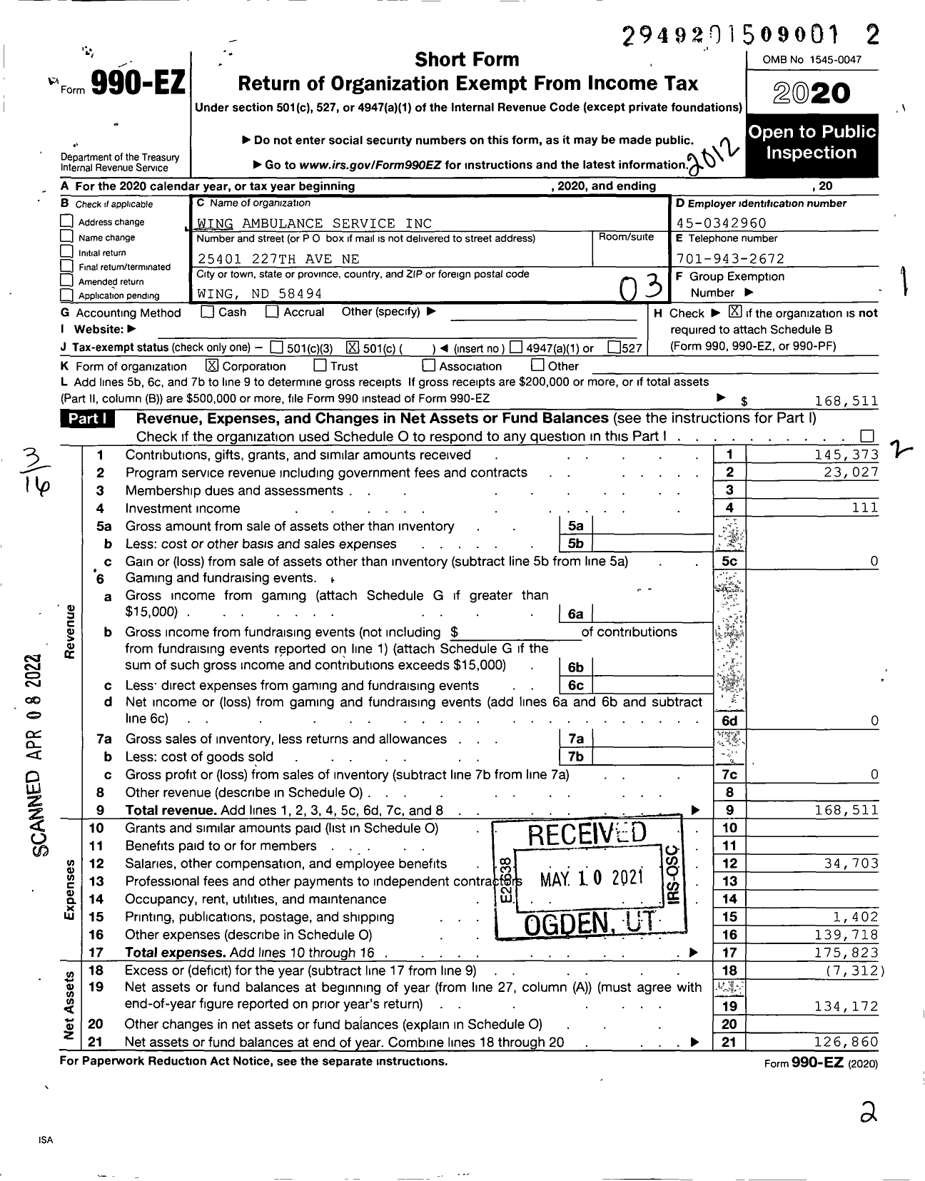 Image of first page of 2020 Form 990EZ for Wing Quick Response Unit