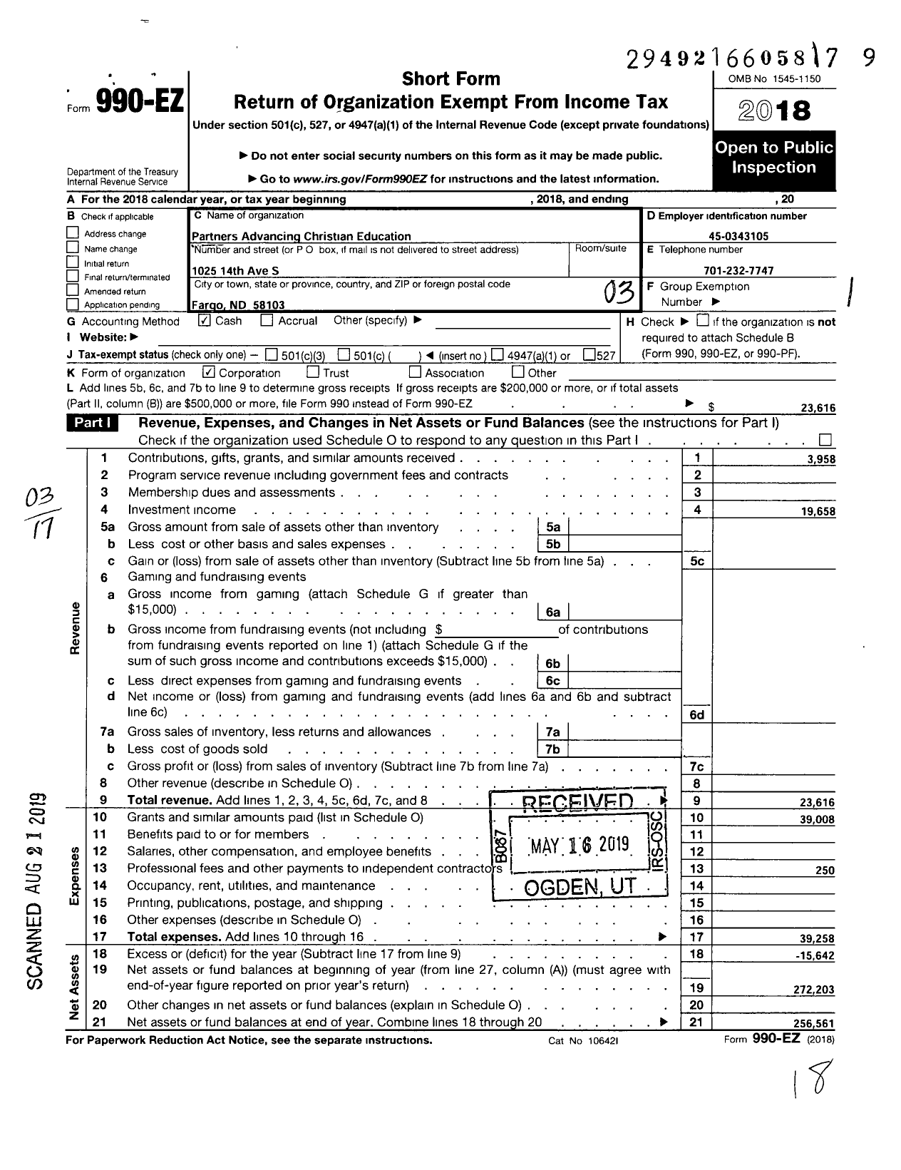 Image of first page of 2018 Form 990EZ for Partners Advancing Christian Education