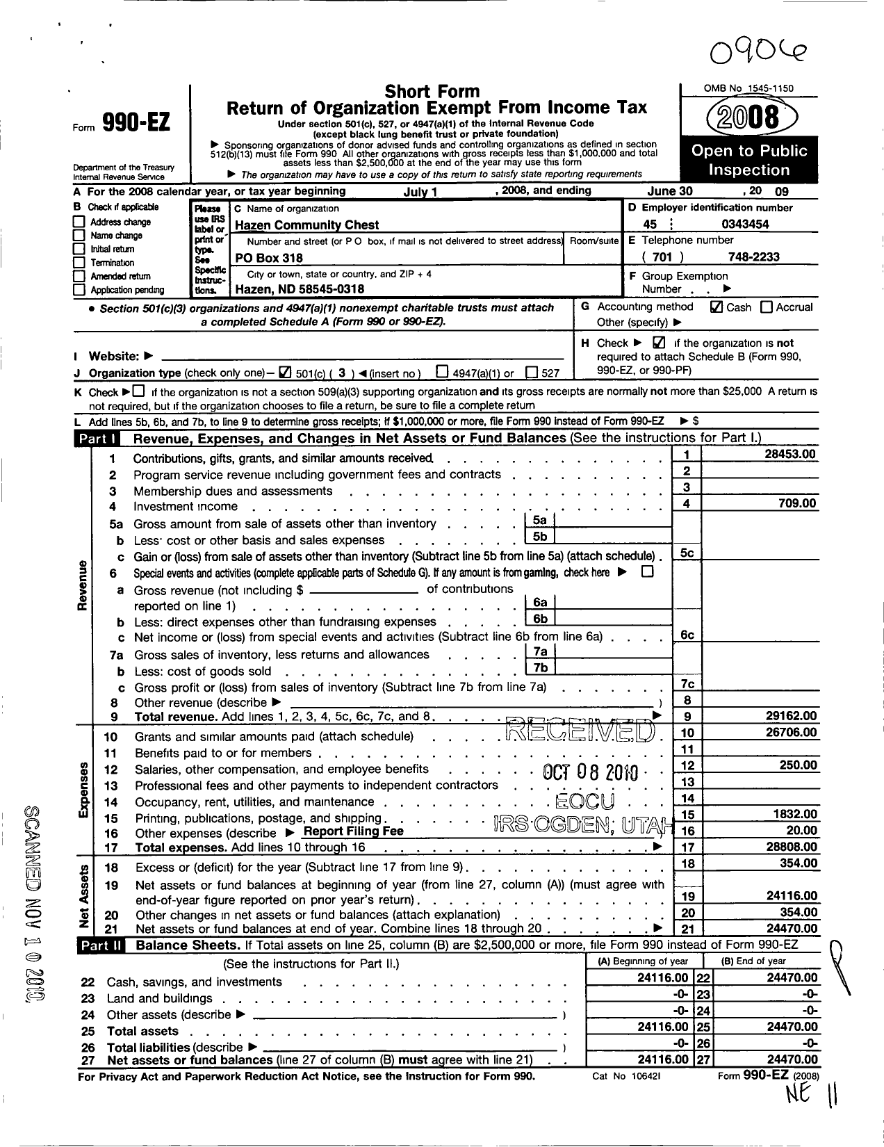 Image of first page of 2008 Form 990EZ for Hazen Community Chest