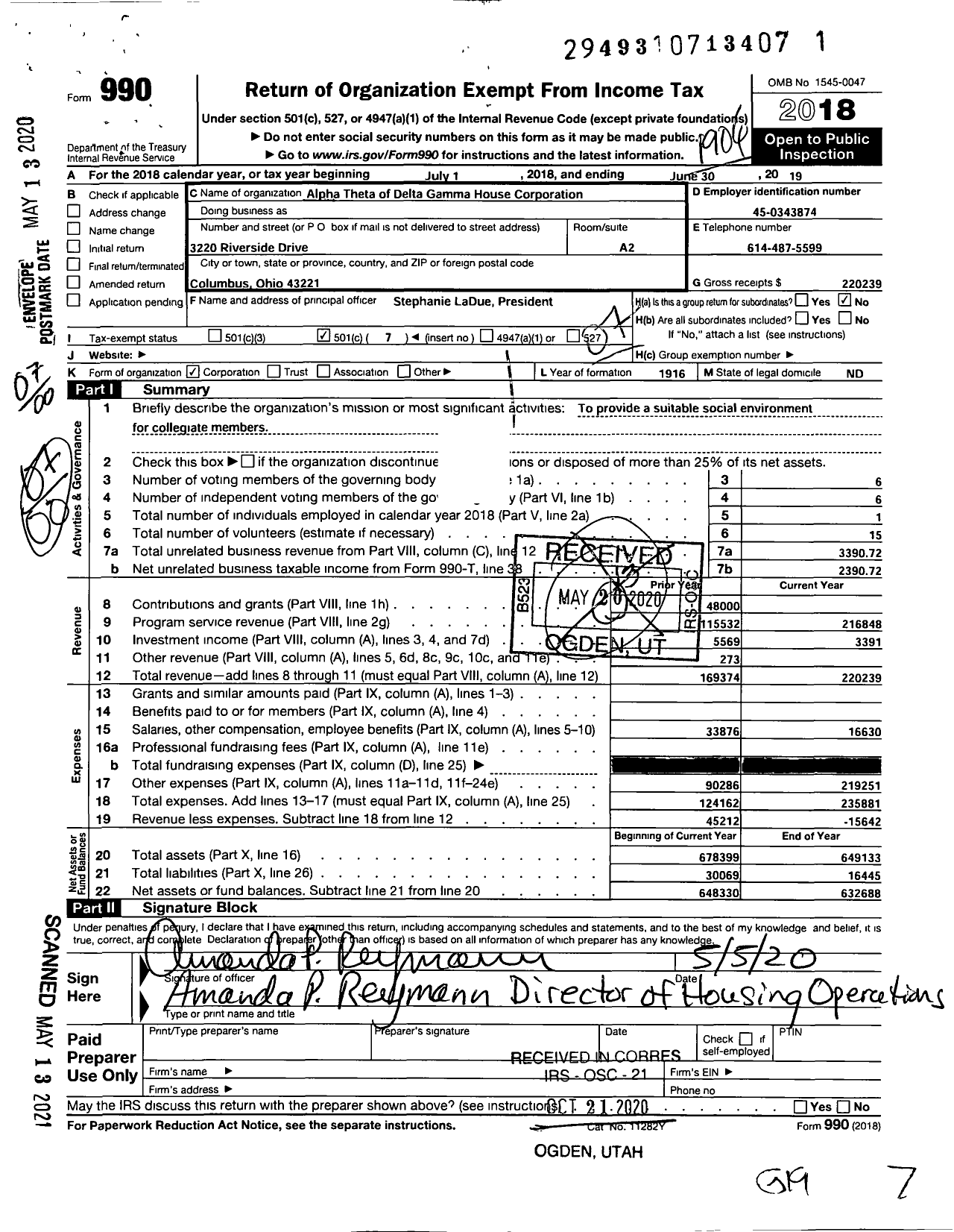 Image of first page of 2018 Form 990O for Alpha Theta of Delta Gamma House Corporation