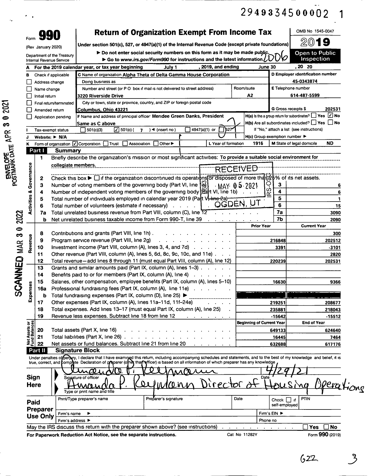 Image of first page of 2019 Form 990O for Alpha Theta of Delta Gamma House Corporation