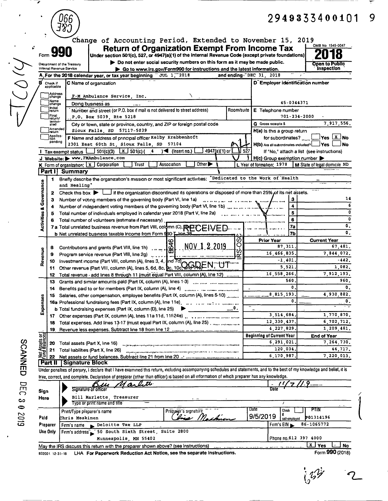Image of first page of 2018 Form 990O for F-M Ambulance Service