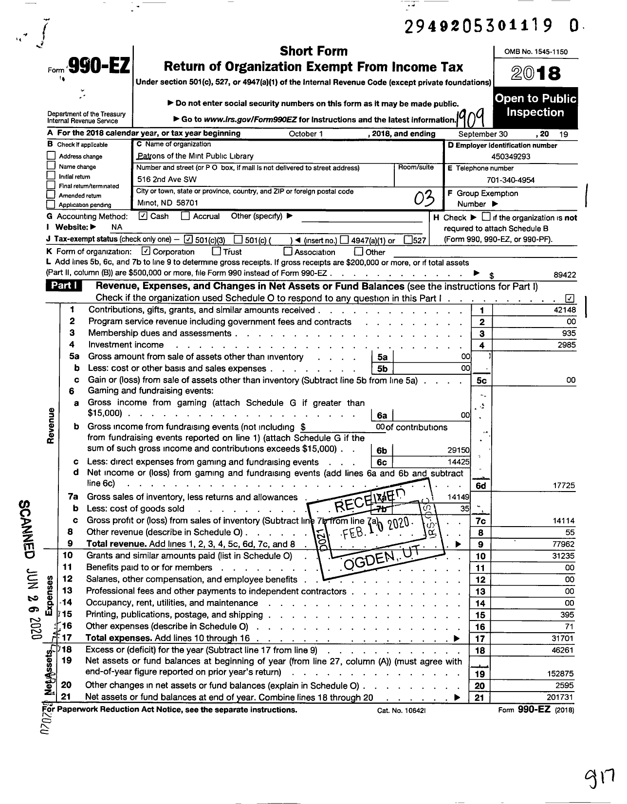 Image of first page of 2018 Form 990EZ for Patrons of the Minot Public Library