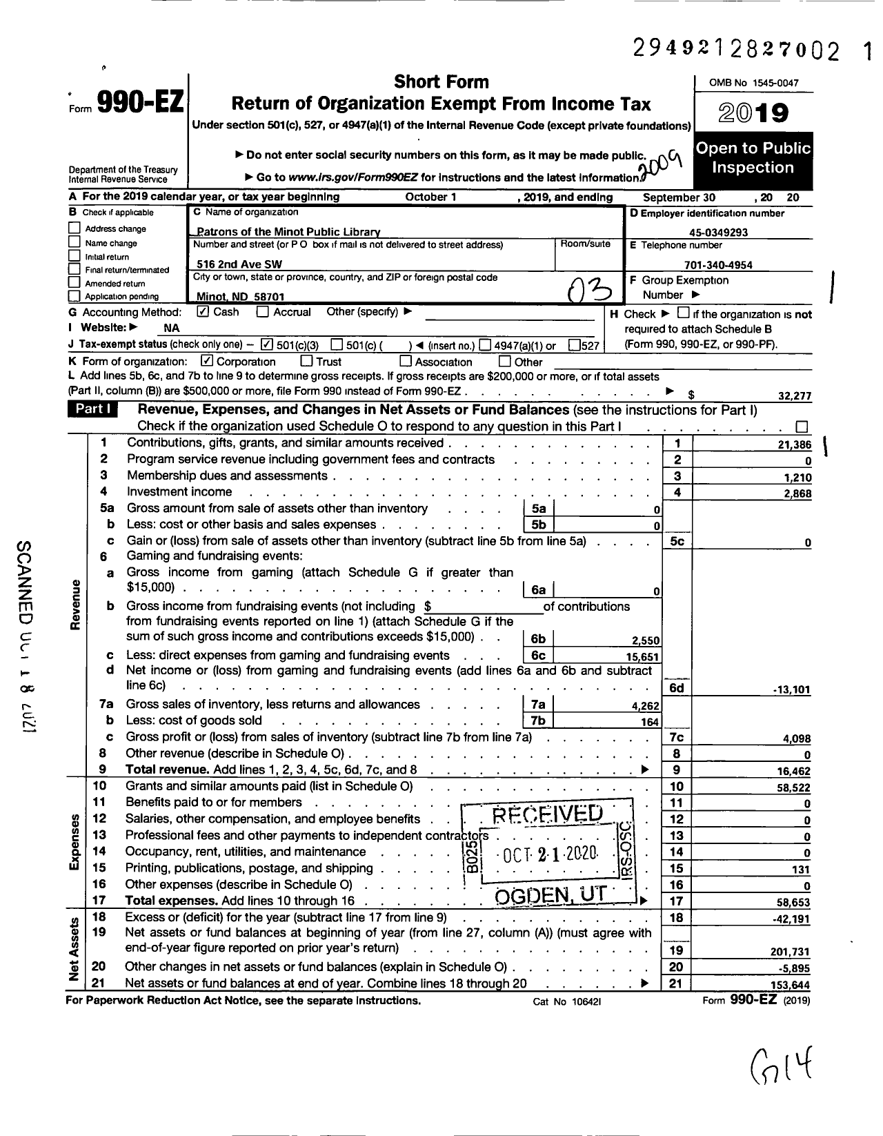 Image of first page of 2019 Form 990EZ for Patrons of the Minot Public Library