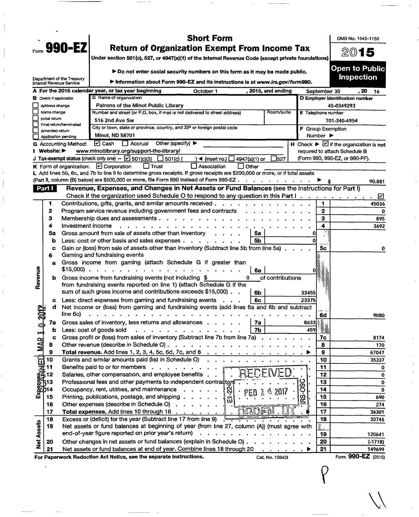 Image of first page of 2015 Form 990EZ for Patrons of the Minot Public Library