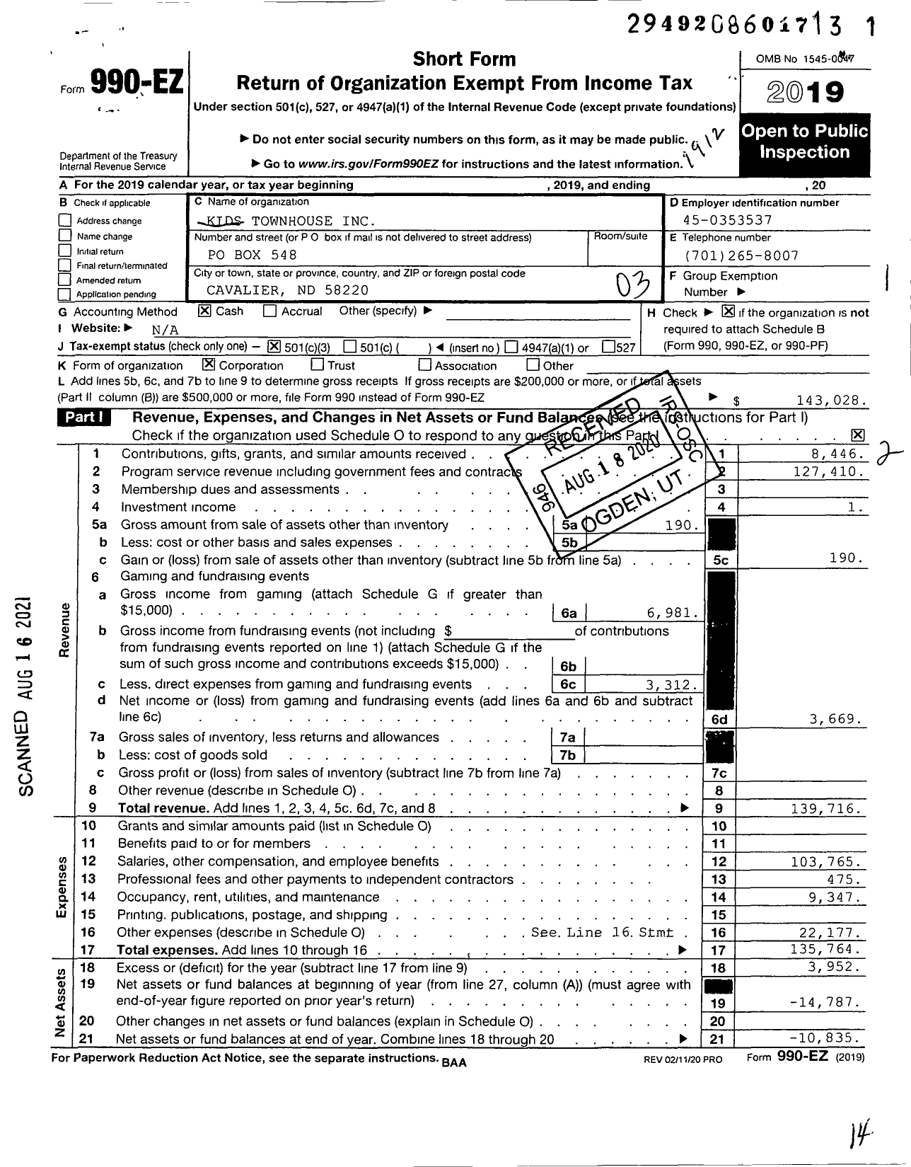 Image of first page of 2019 Form 990EZ for Kids Townhouse
