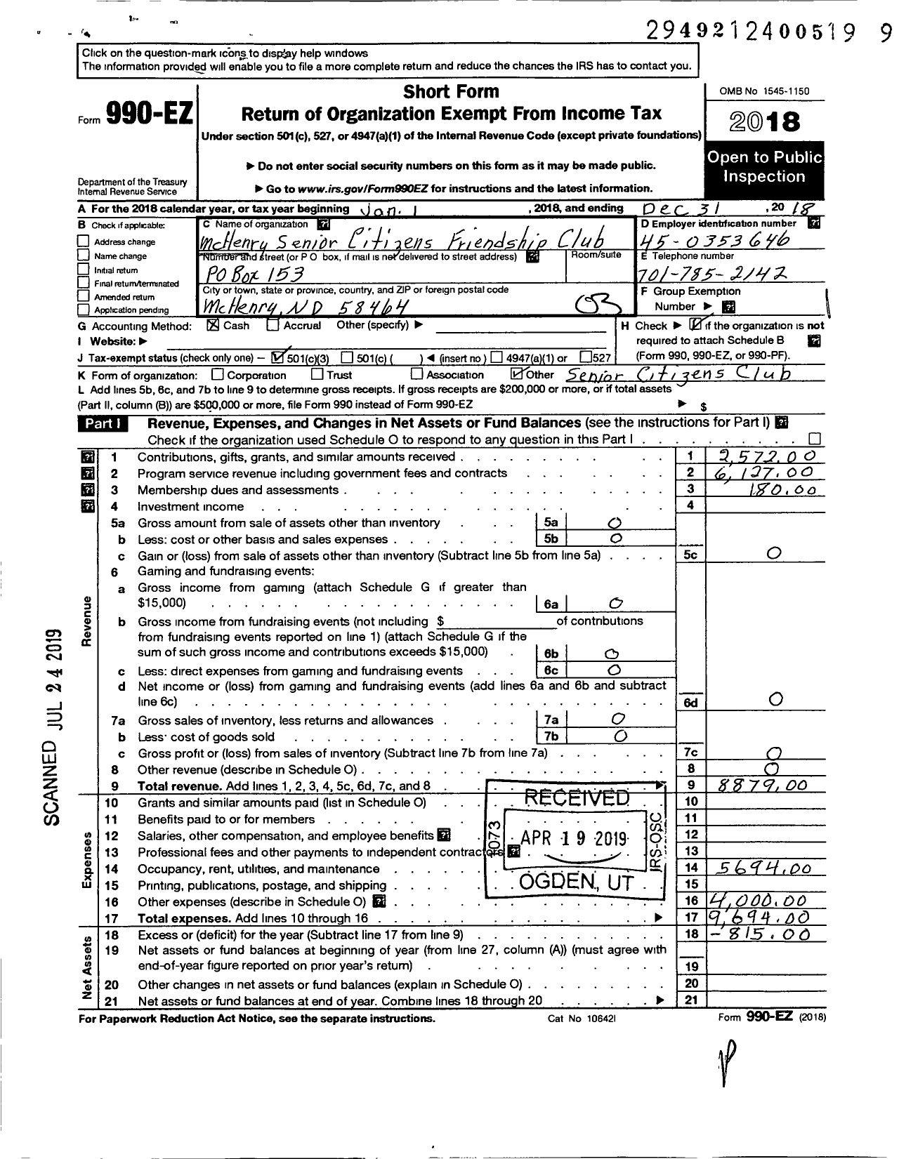 Image of first page of 2018 Form 990EZ for Mchenry Senior Citizens Frienship Club