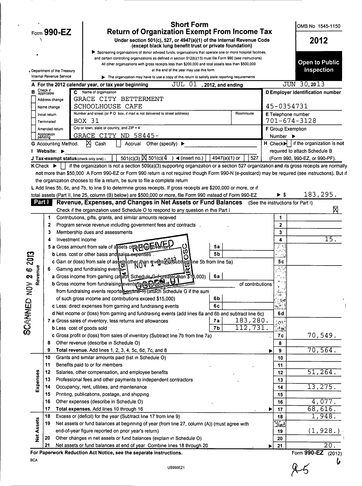 Image of first page of 2012 Form 990EO for Grace City Betterment Schoolhouse Cafe