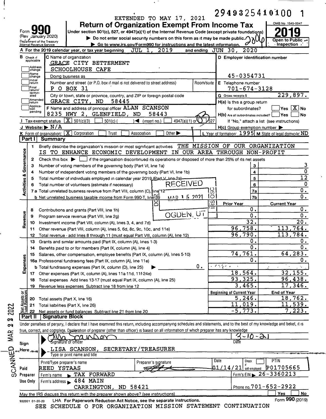 Image of first page of 2019 Form 990 for Grace City Betterment Schoolhouse Cafe