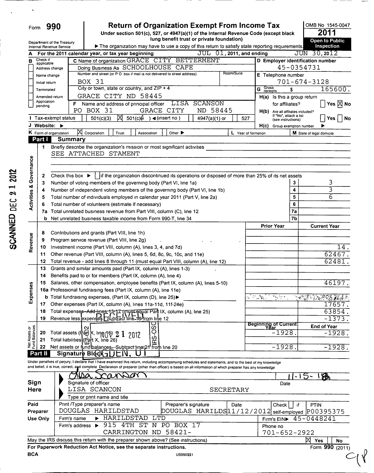 Image of first page of 2011 Form 990O for Grace City Betterment Schoolhouse Cafe