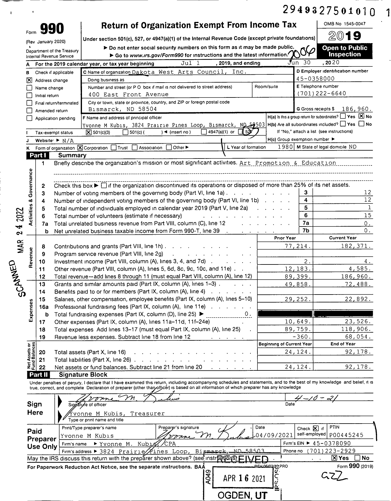 Image of first page of 2019 Form 990 for Dakota West Arts Council