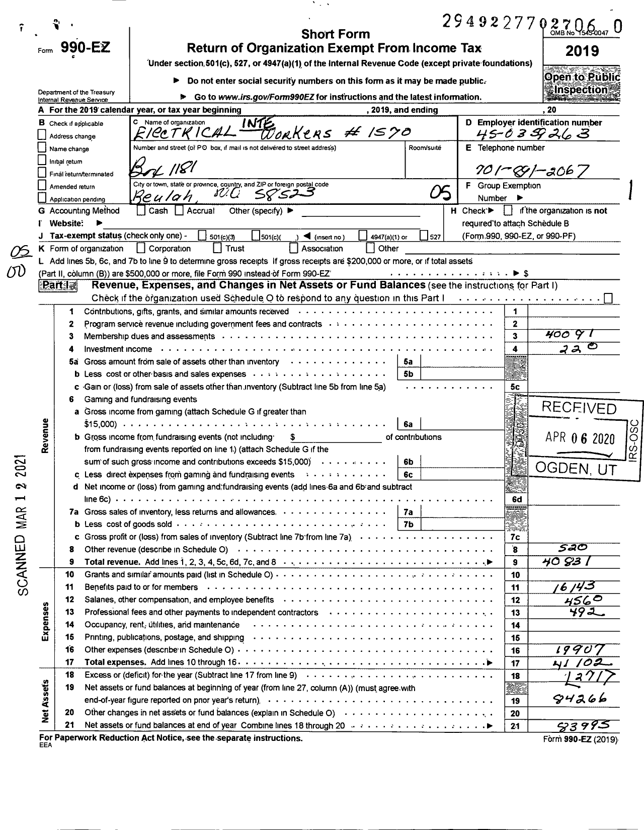 Image of first page of 2019 Form 990EO for International Brotherhood of Electrical Workers - 1570 Local Union