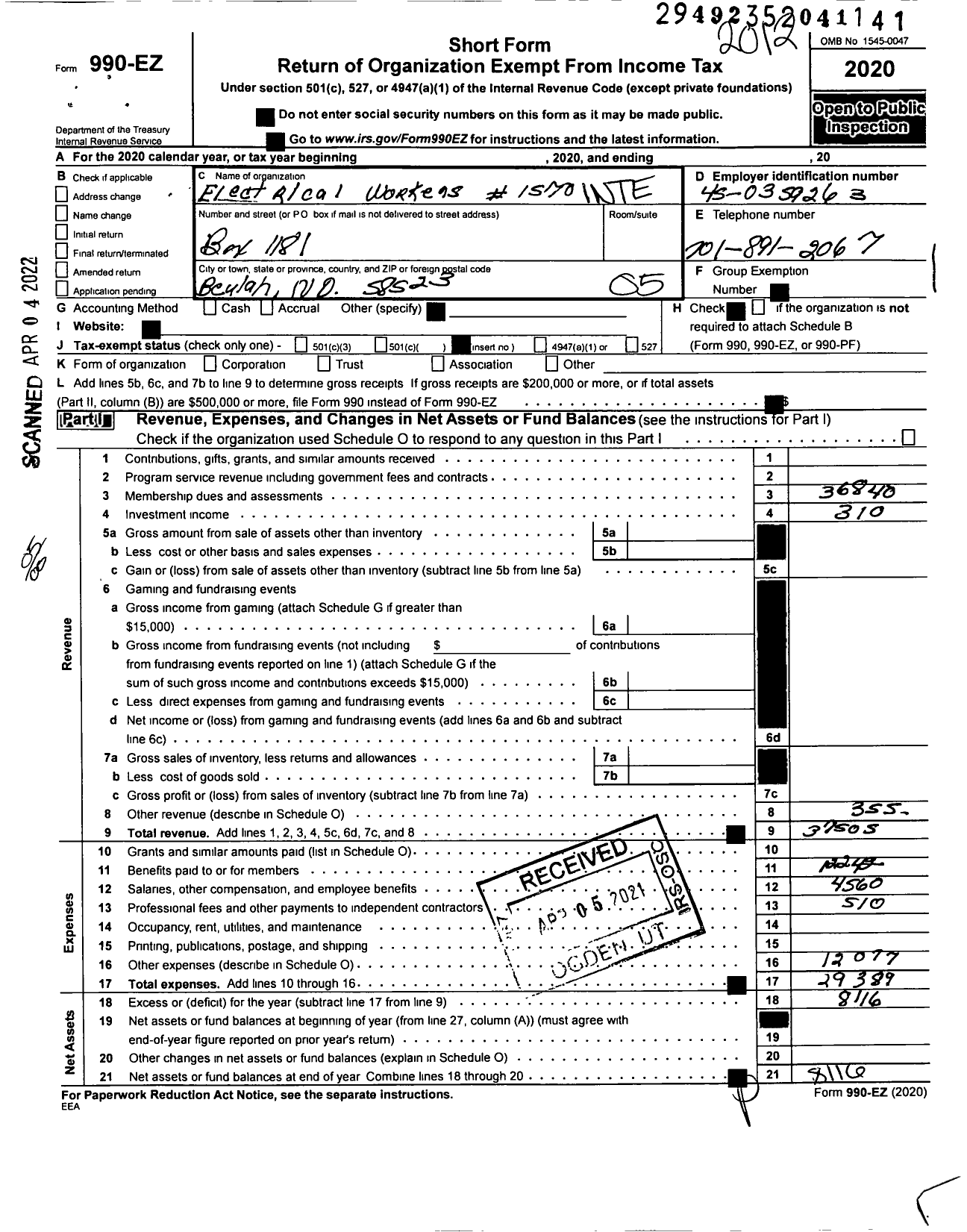 Image of first page of 2020 Form 990EO for International Brotherhood of Electrical Workers - 1570 Local Union