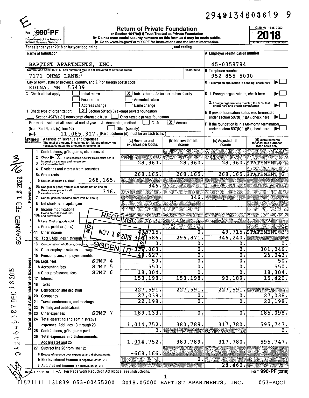 Image of first page of 2018 Form 990PF for The Baptist Apartments
