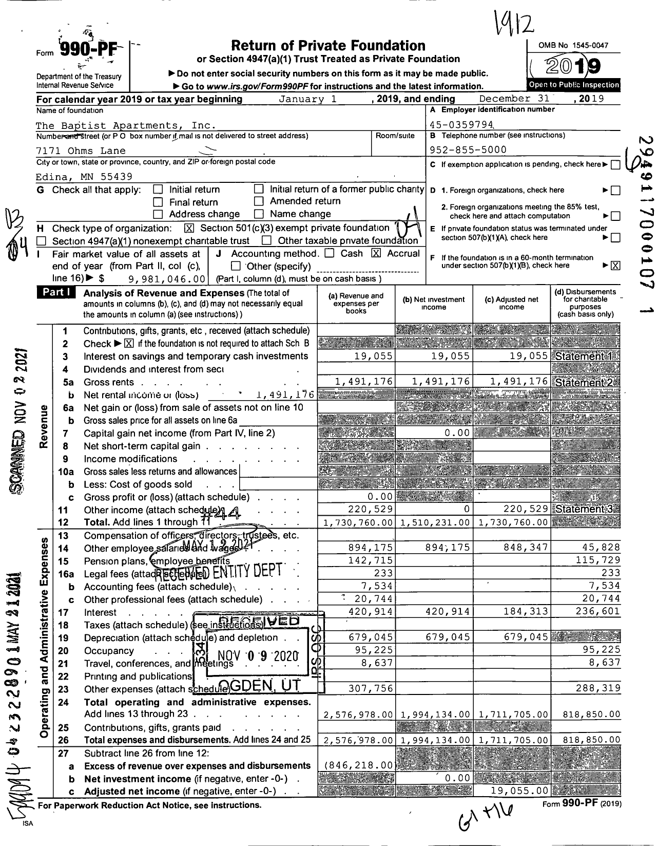 Image of first page of 2019 Form 990PF for The Baptist Apartments