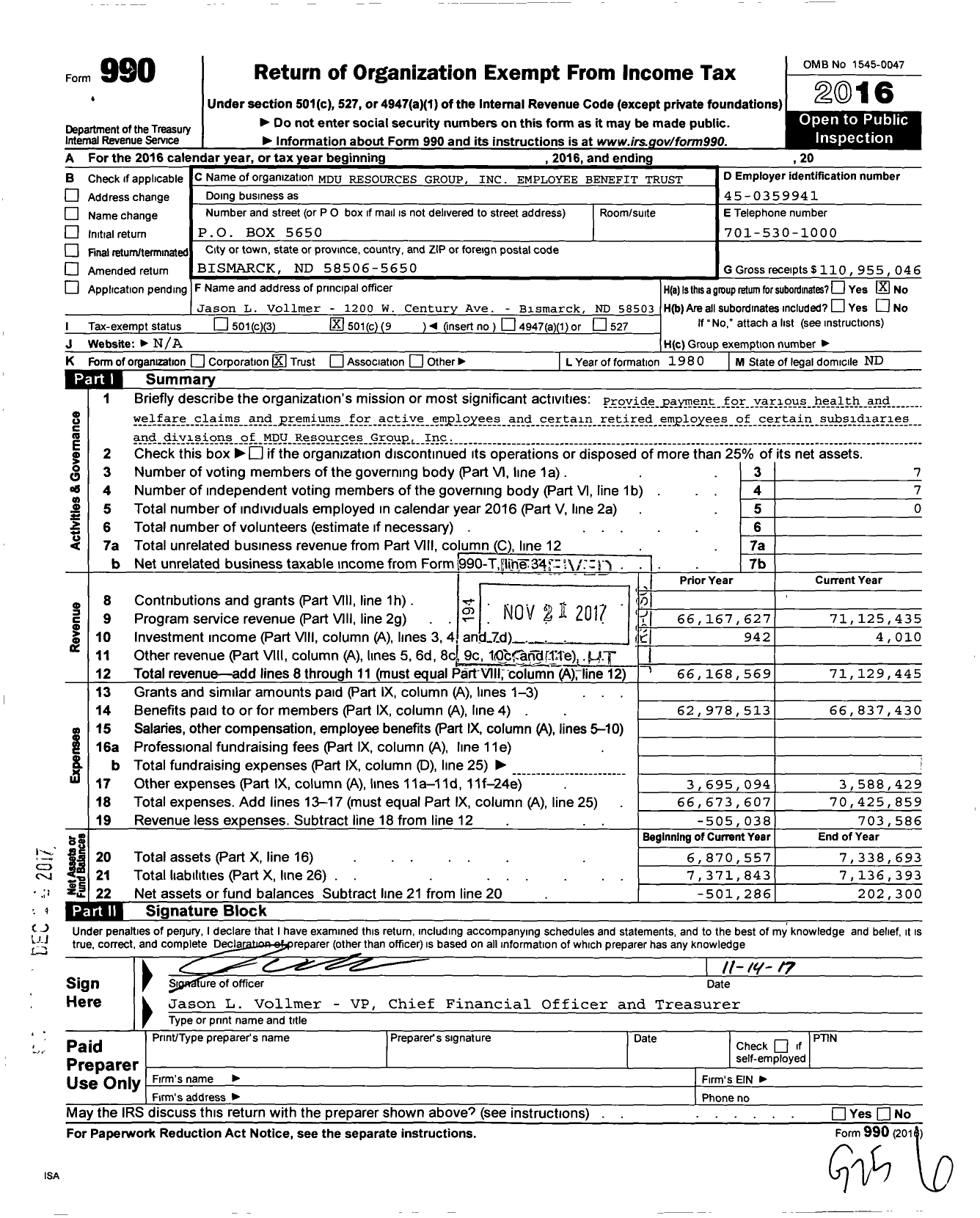 Image of first page of 2016 Form 990O for Mdu Resources Group Employee Benefit Trust