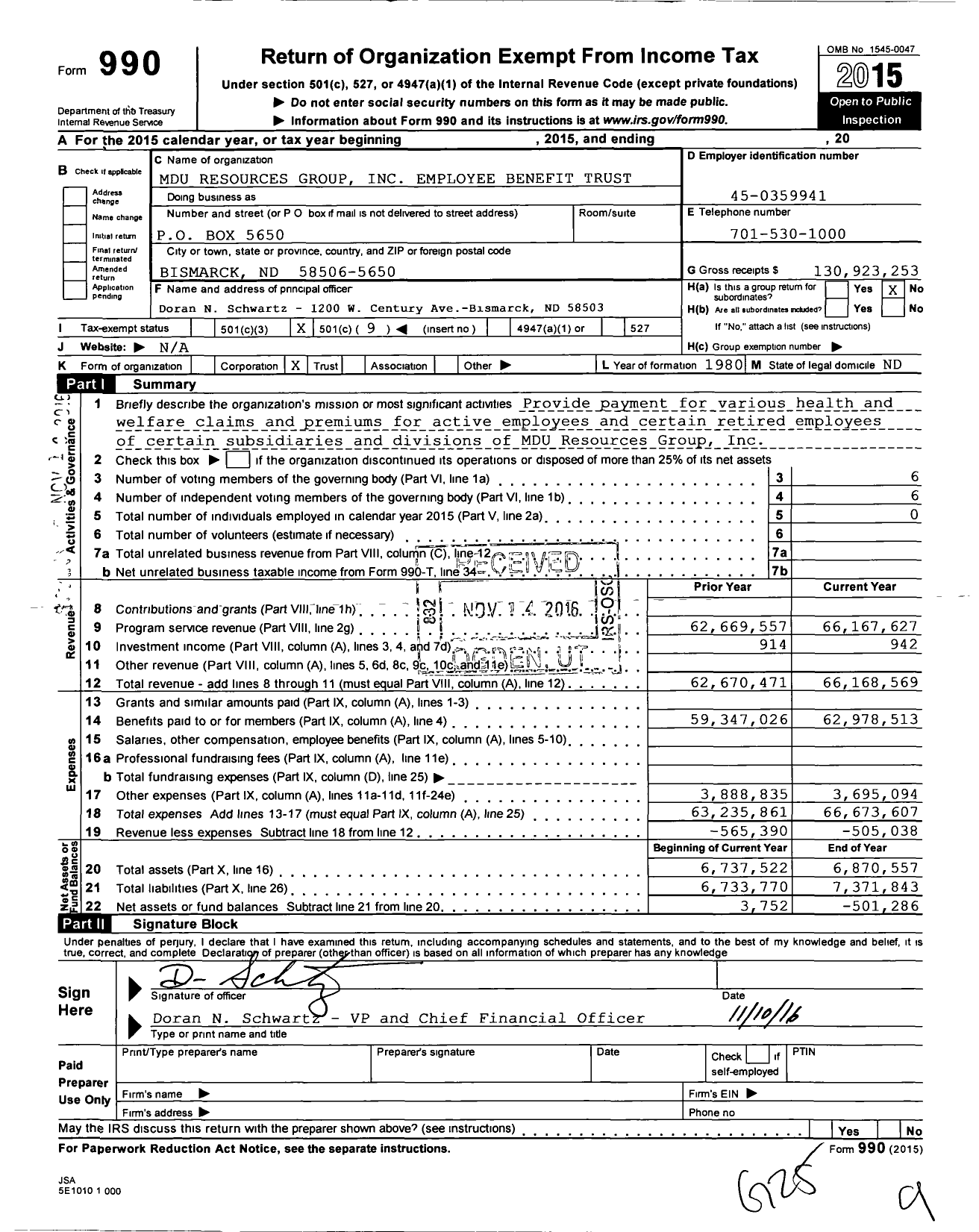 Image of first page of 2015 Form 990O for Mdu Resources Group Employee Benefit Trust