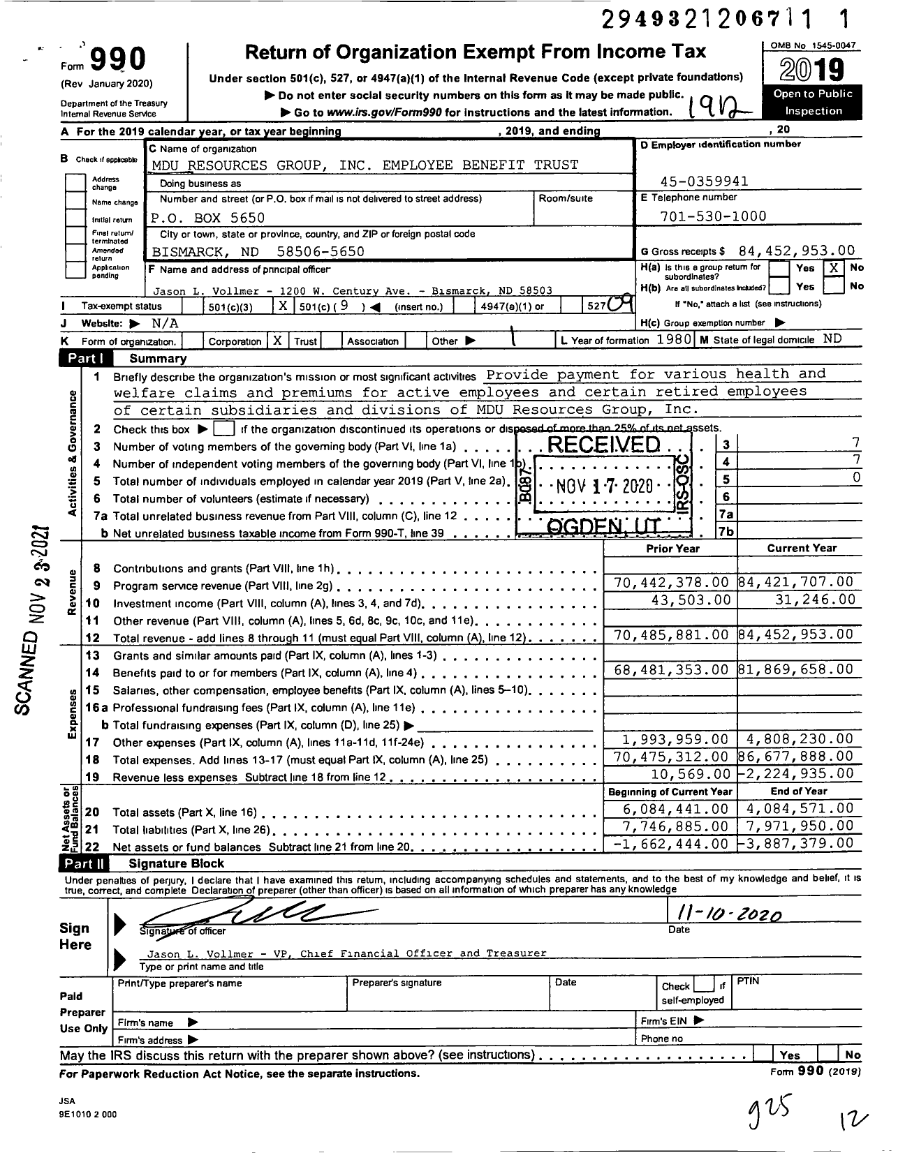 Image of first page of 2019 Form 990O for Mdu Resources Group Employee Benefit Trust